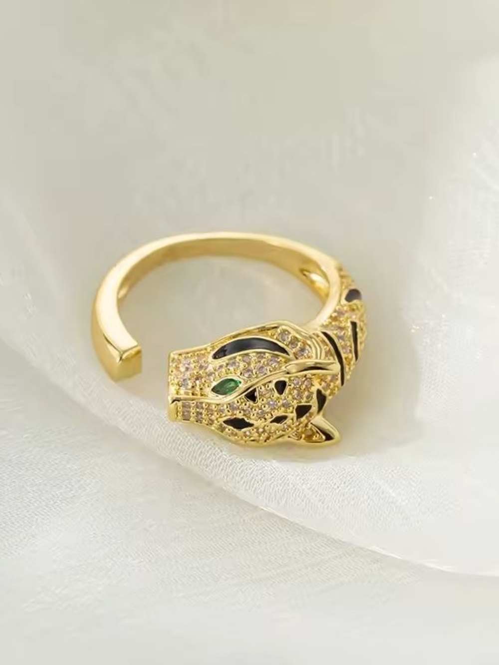 Gold Panther Head Ring with Green Eye - Picture 2 of 4